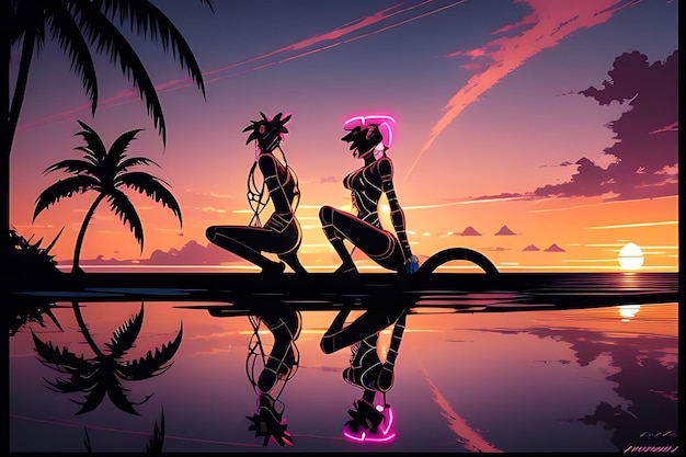 tropical beach sunset anime view