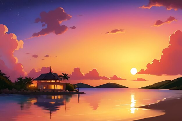 tropical beach sunset anime view