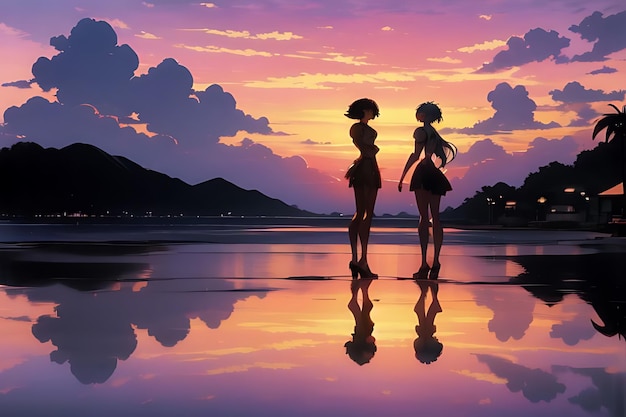 tropical beach sunset anime view