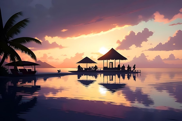 тропический пляж закат аниме вид