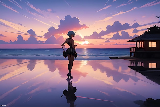 tropical beach sunset anime view