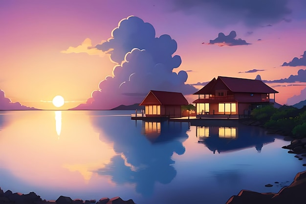 tropical beach sunset anime view