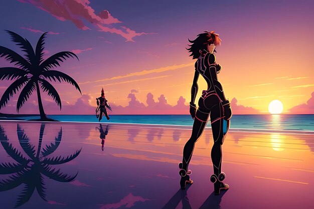 tropical beach sunset anime view