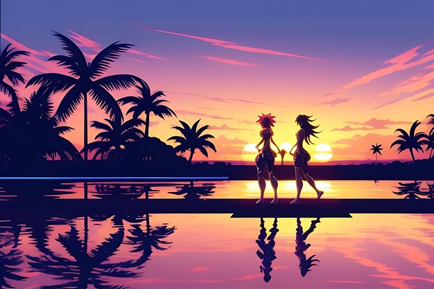 Photo tropical beach sunset anime view