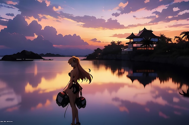 tropical beach sunset anime view