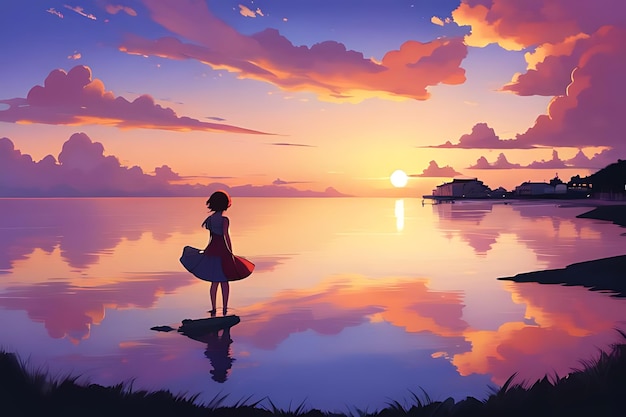 Photo tropical beach sunset anime view