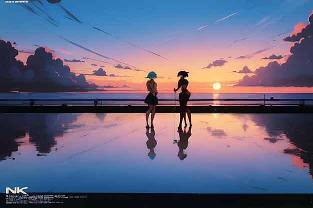 Photo tropical beach sunset anime view