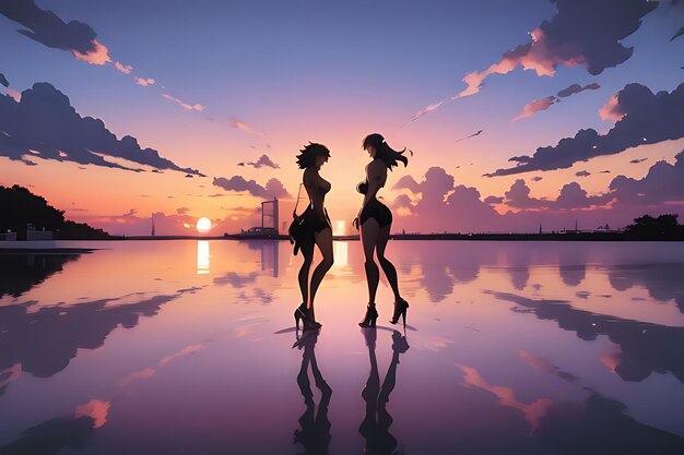 tropical beach sunset anime view