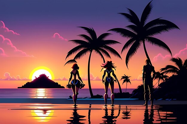 tropical beach sunset anime view