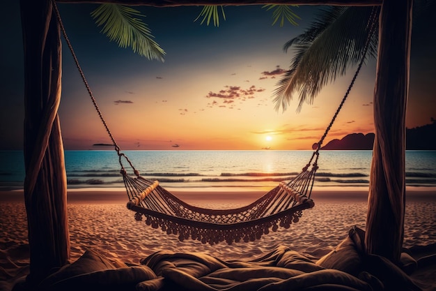 5 つ星リゾート ビーチ パーム スイング ハンモックと砂浜と夏のシーンとして熱帯のビーチの夕日 夏休みと平和なビーチの地平線シーン コンセプト