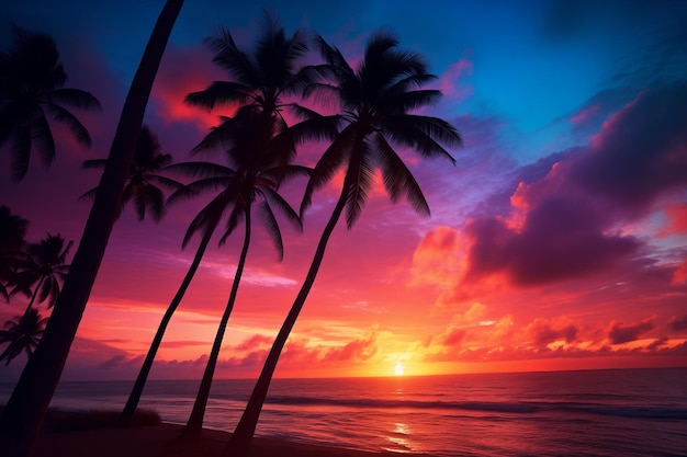 Tropical Beach Sunset Palm Trees Silhouetted Against Evening Sky Ideal for Centered Text Placement