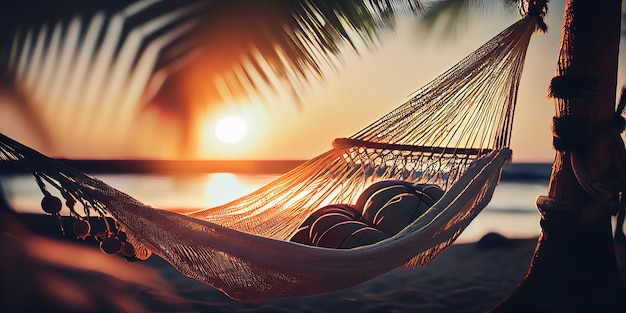 Tropical beach sunset panorama as summer landscape with beach swing hammock and sand calm sea for beach banner AI Generated