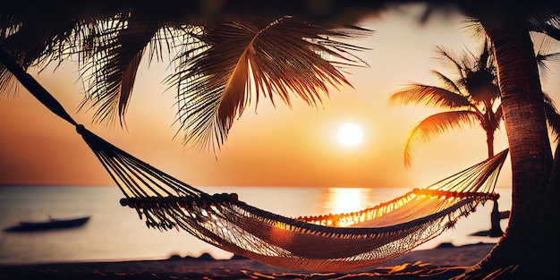 Tropical beach sunset panorama as summer landscape with beach swing hammock and sand calm sea for beach banner AI Generated