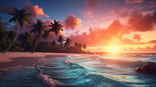 Tropical beach at sunset in summer travel concept