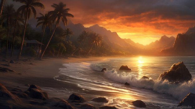 Tropical Beach Sunset with Palm Trees