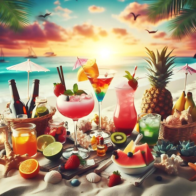 Tropical Beach Sunset with Refreshing Summer Drinks