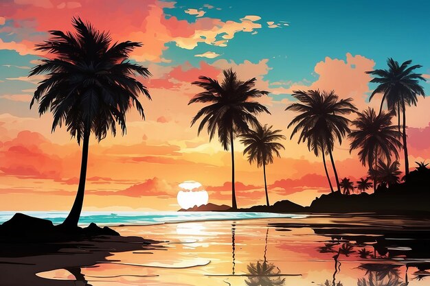 Tropical beach on sunset with silhouette palm trees