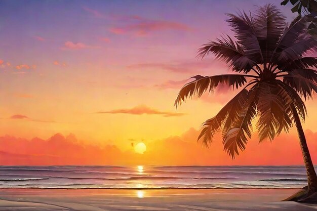 Tropical beach on sunset with silhouette palm trees