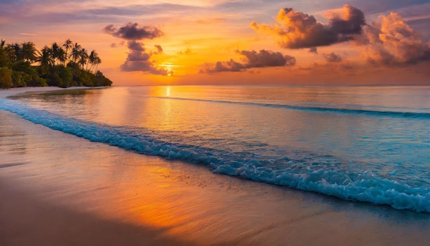 Тропический закат на пляже с силуэтами пальмовых деревьев