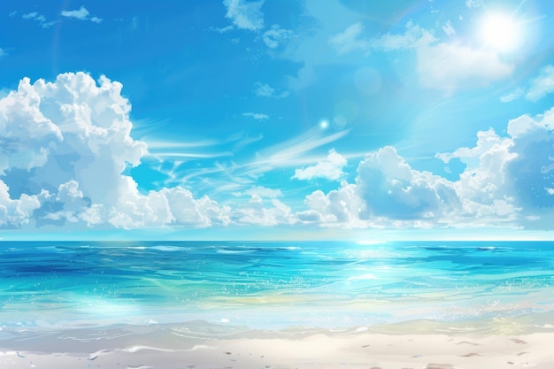 Tropical beach vacation with blue sea and sunflare background