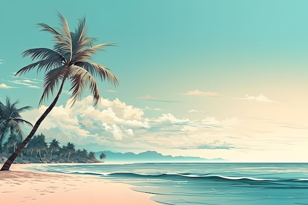 Tropical beach view at day time with white sand turquoise water and palm tree neural network