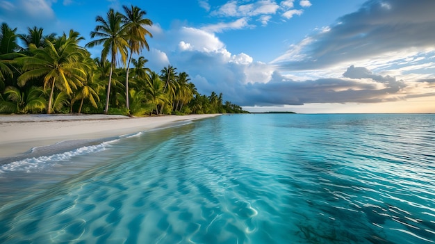 Вид на тропический пляж в солнечный день с белым песком, бирюзовой водой и нейронной сетью пальмы