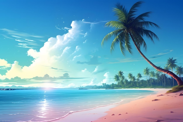 Tropical beach view at sunny day with white sand turquoise water and palm tree