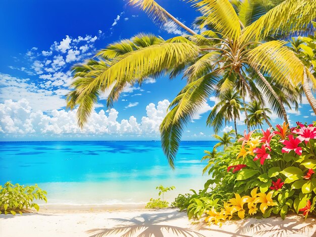 Фото Тропический пляж с голубым небом и зеленым лиственным растением