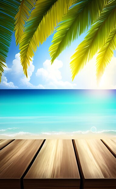 A tropical beach with a blue sky and a wooden pier with a wooden floor and a wooden floor with a tropical beach scene.