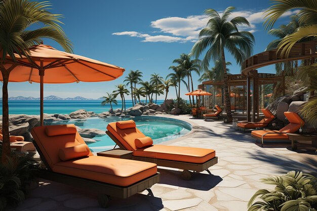 Photo a tropical beach with chairs and umbrellas and palm trees.