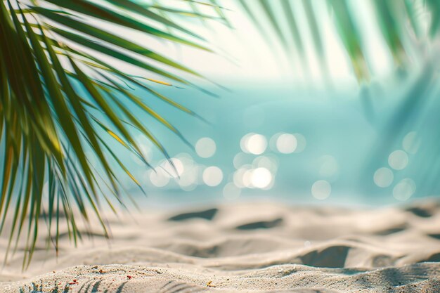 Tropical beach with coconut palm leaf and bokeh sun light