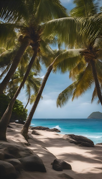 Tropical beach with coconut palm trees at Seychelles