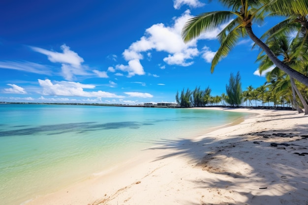 ココナッツパームの木とターコイズ色の水の熱帯ビーチ マウリシャス島の驚くべき白いビーチ 熱帯休暇 AI生成