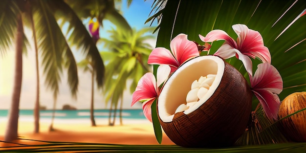 코코넛 여름 휴가 배너가 있는 열대 해변 여행 및 해변 휴가 AI 생성