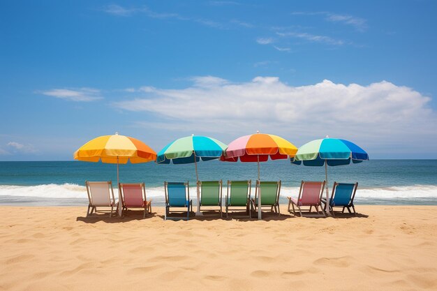 Tropical beach with colorful beach umbrellas and lounge chairs