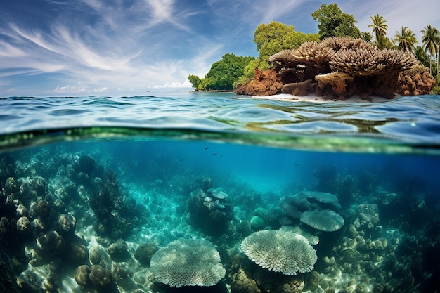 Tropical beach with a colorful coral reef visible underwater