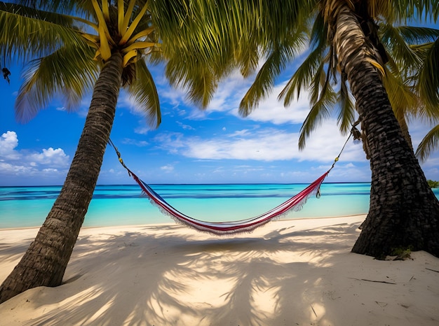 A tropical beach with crystalclear waters palm trees and an empty hammock