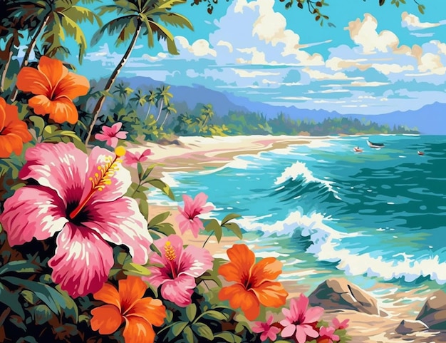 Тропический пляж с цветами и лодка в воде генеративный ай