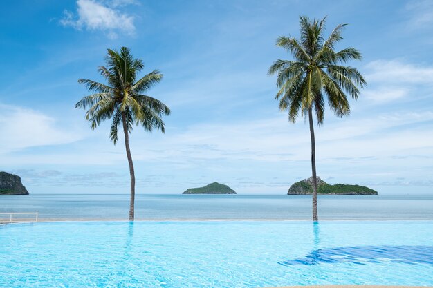 Тропический пляж с зелеными пальмами и голубое небо в Таиланде