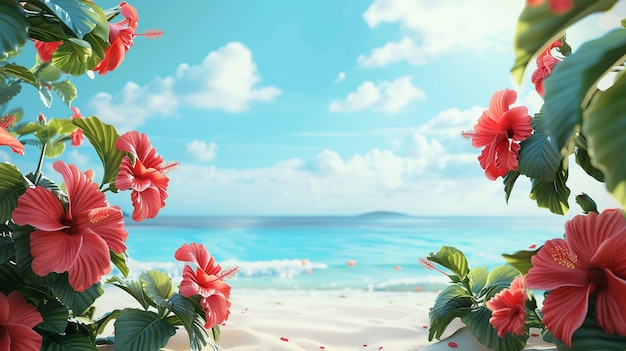 Tropical Beach with Hibiscus Flowers Beach Floral Painting