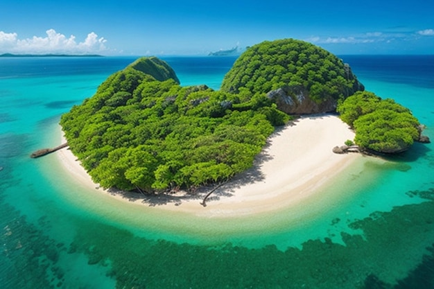Tropical beach with ocean komodo islands heart symbol by forest aerial view beautiful island