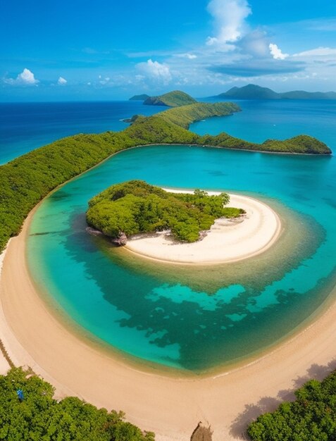 Tropical beach with ocean komodo islands heart symbol by forest aerial view beautiful island