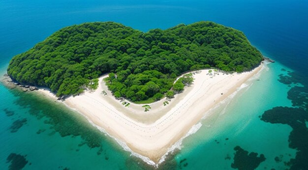 Tropical beach with ocean komodo islands heart symbol by forest aerial view beautiful island