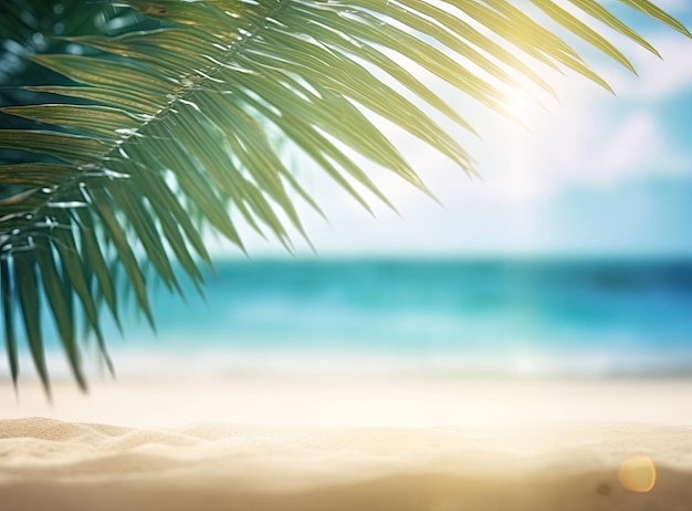 A tropical beach with a palm leaf in the foreground