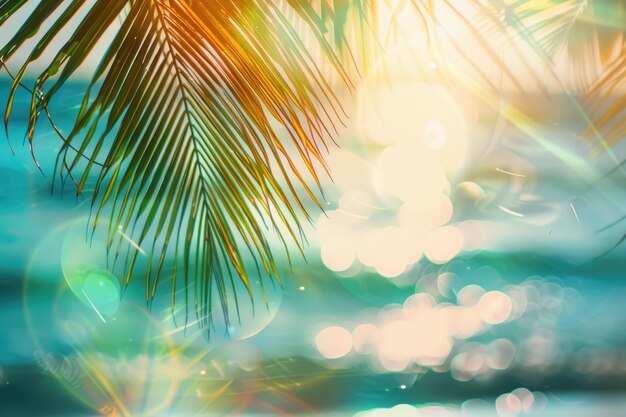 写真 パームの葉の太陽と波を持つ熱帯ビーチ ヴィンテージスタイル