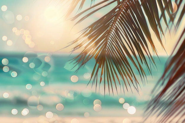 Photo tropical beach with palm leaf sun and waves vintage style