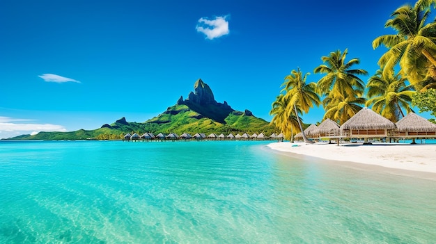 Tropical beach with palm tree on Bora Bora Generative AI