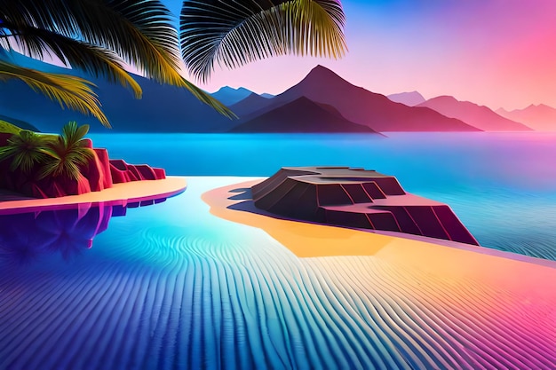 Тропический пляж с пальмой и горами на заднем плане.