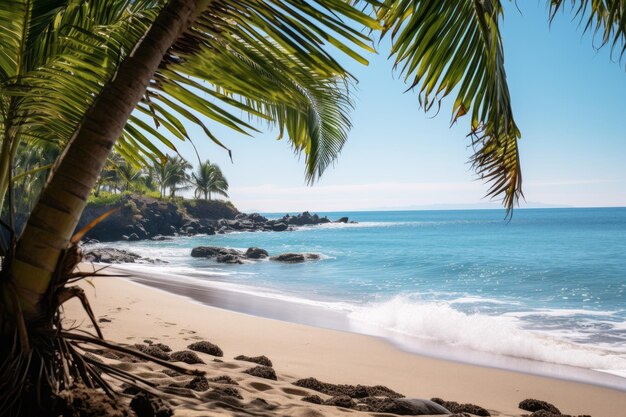 Tropical beach with palm tree overhang clear blue sky and tranquil ocean waters