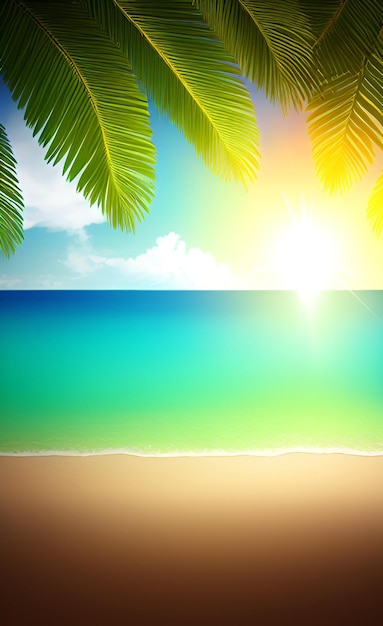 Tropical beach with a palm tree and the sun